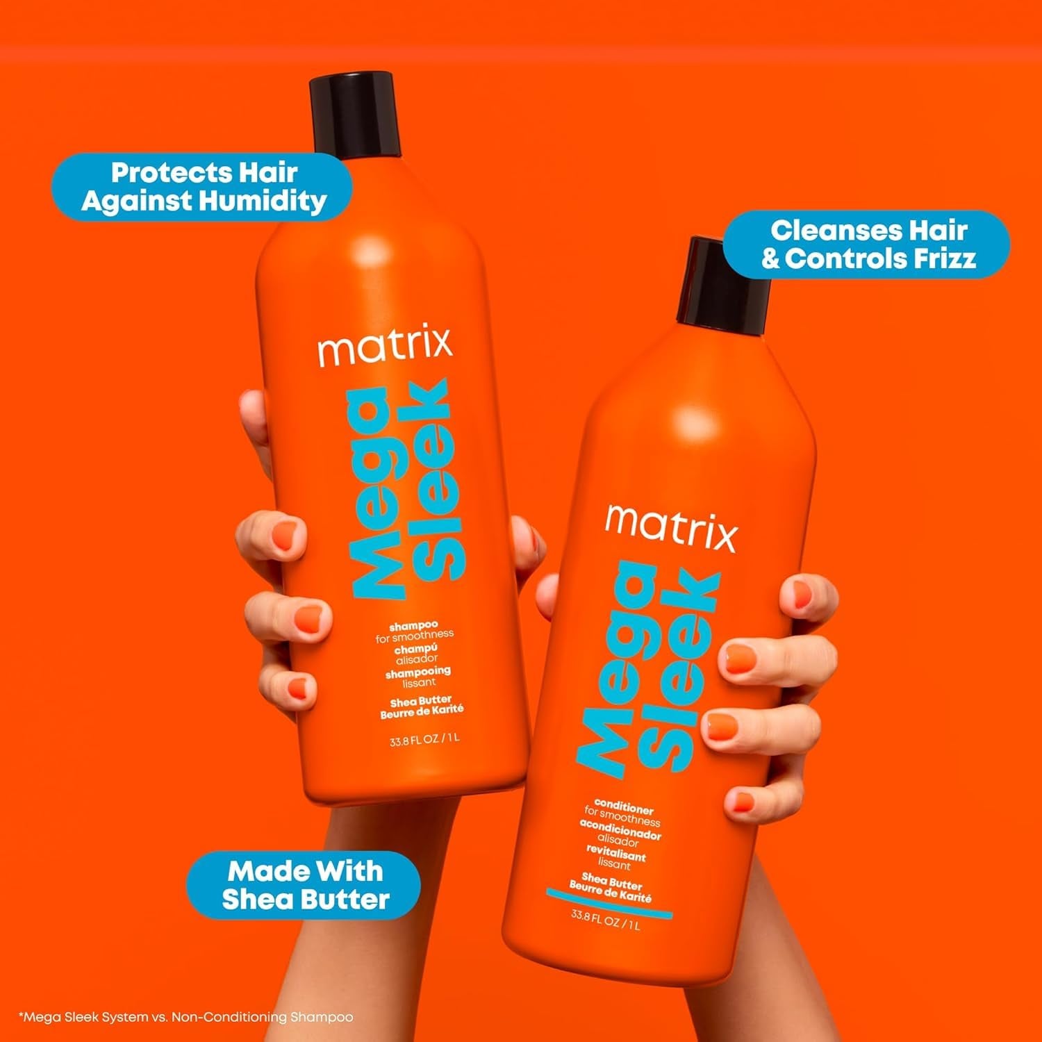 Mega Sleek Shampoo and Conditioner Set - Smoothing and Moisturizing, Anti-Frizz, Detangling, for All Dry, Damaged & Frizzy Hair Types, Nourishes with Shea Butter, Vegan